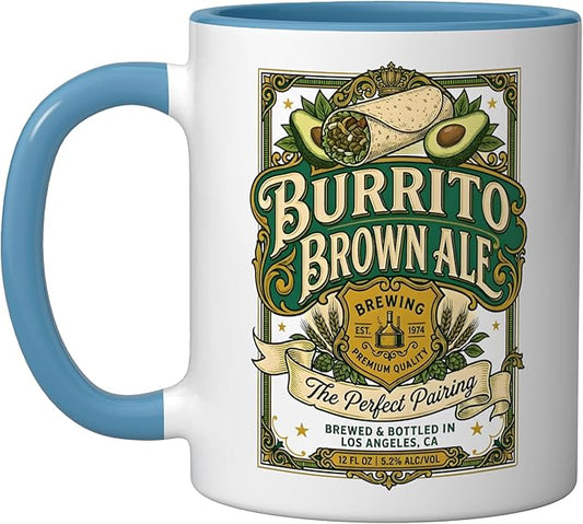 Burrito Brown Ale Mexican Food Retro Funny Beer Label Ceramic Mug, Blue/White