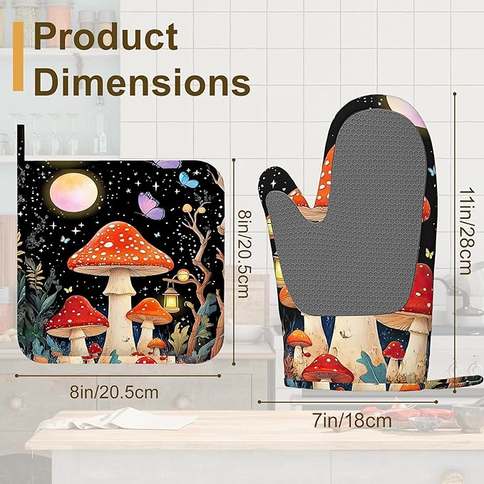 Oven Mitts and Pot Holders Mushroom Silicone Kitchen Accessories Set of 4 Heat Resistant Gloves Colorful Butterfly Moon Star Potholder Non-Slip Grip for Chef Cooking Baking Grilling BBQ