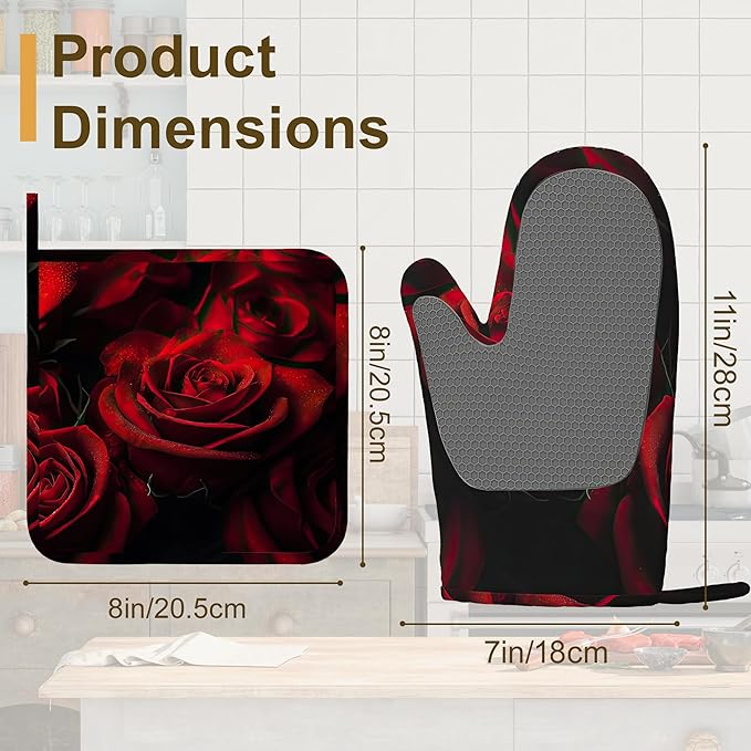 Red Rose Oven Mitts and Pot Holders Set of 4,Kitchen Glove Heat Resistant Oven Mitts with Non-Slip Silicone for Baking, Cooking, BBQ