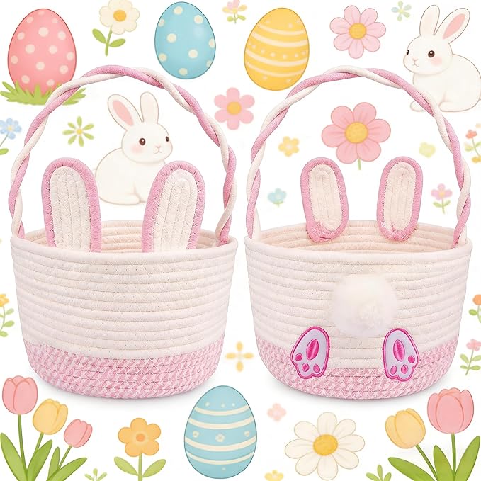Personalized Easter Basket for Toddler, Bunny Basket for Kids,Empty Woven Rope Cotton for Eggs,Easter Egg Hunt Storage Bin with Handle, Baby Nursery Candy for Boys and Girls, 9''×12''