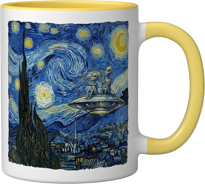 Aliens Saucer UFO Extraterrestrial Fun Starry Night Van Gogh Ceramic Mug, Yellow/White
