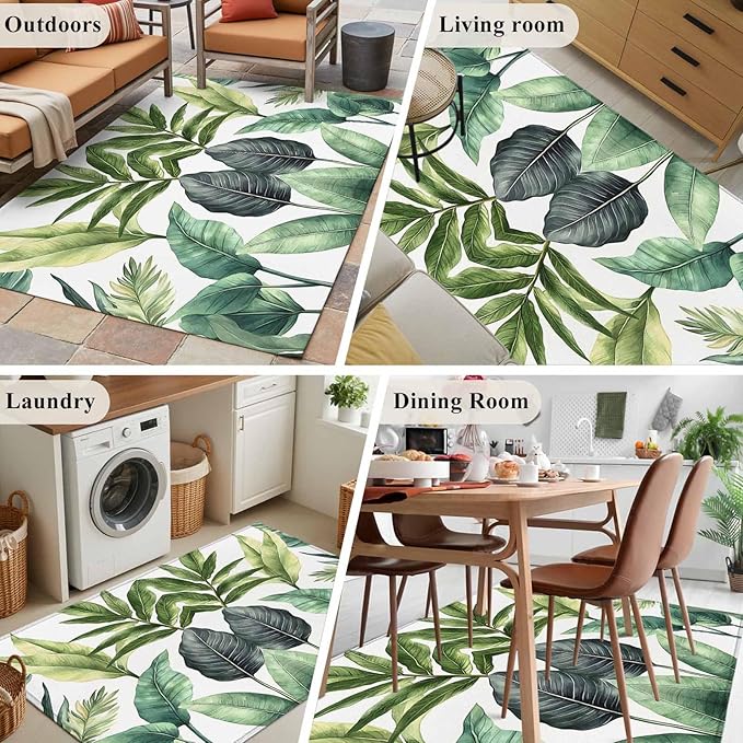 Area Rug 4x6ft, Summer Green Tropical Palm Leaves Washable Rugs for Living Room Bedroom, Watercolor Plant Soft Non-Slip Area Rugs Rectangle Floor Carpet for Dining Room