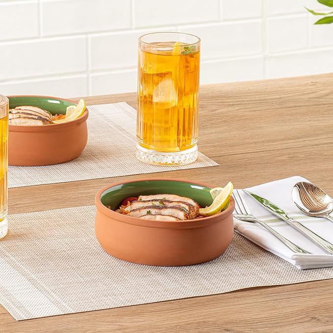 Restaurantware-Terra Tek 17 Ounce Terracotta Cazuelas, 2 Green Glazed Clay Pots For Cooking - Oven-Ready, Microwavable, Terracotta Serving Pots, Dishwashable, For Cooking And Serving