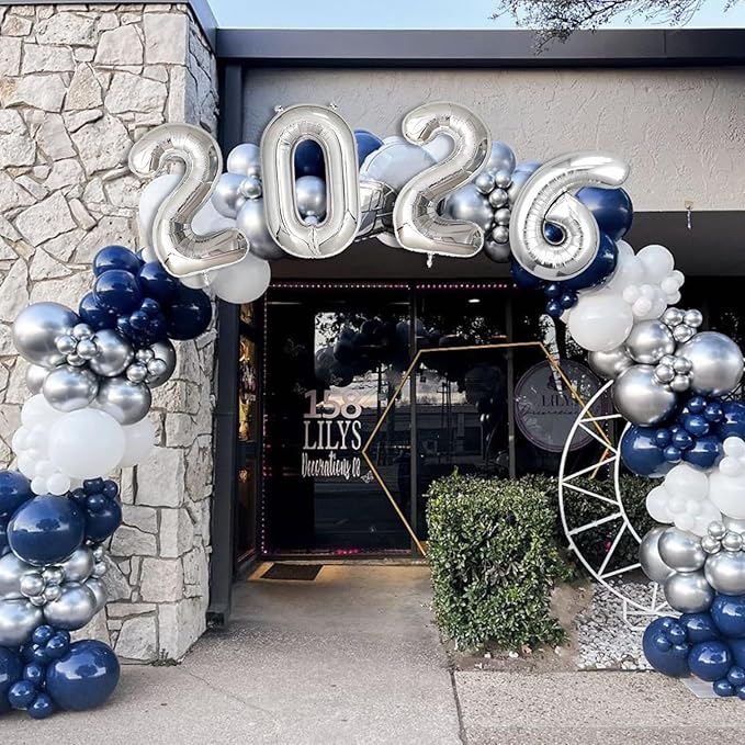 Graduation Decorations Class of 2026: Navy Blue and Silver Graduation Balloon Arch Garland Kit and Silver Confetti Balloons Congrats Grad Banner 2026 Foil Balloon