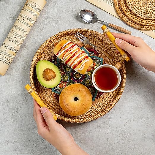 28cm/11.02in Oval Rattan Woven Tray Basket with Handles, Hand Woven Round Rattan Serving Decorative Wicker Trays for Table Decor (L)