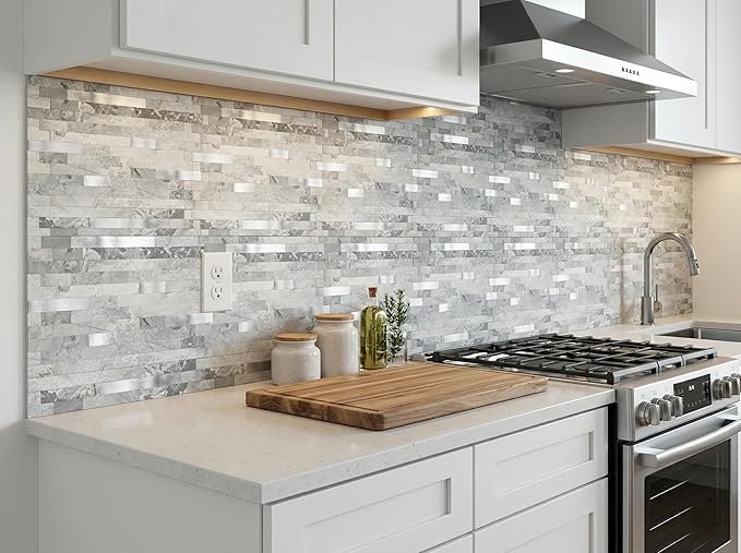Yipscazo 1 Sheet Peel and Stick Stone Metal Tile Backsplash, Stick on Tiles for Backsplash Kitchen, Bathroom, Laundry Room, Camper, Fireplace (12'' X 12'', Gray Stone with Metal)