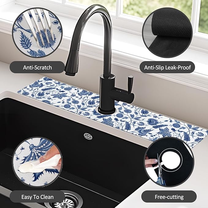 24" X 5.5" Kitchen Sink Splash Guard Faucet Mat Flora Super Absorbent Fast Drying Faucet Guard & Draining Mat Sink Splash Guard Behind Faucet for Kitchen, Bathroom