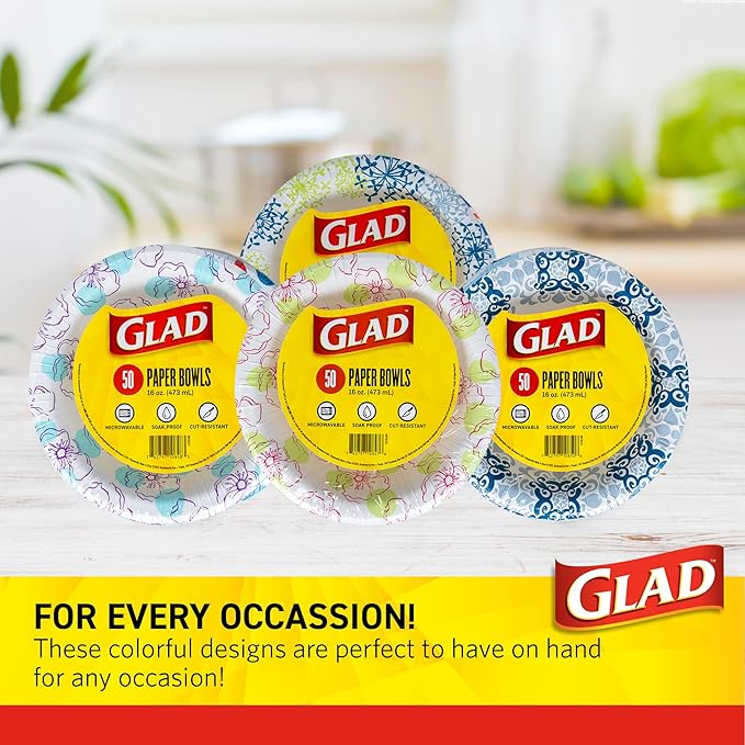 Glad Round Disposable Paper Bowls, Blue Victorian Design - Heavy Duty, Soak-Proof, Cut-Resistant, Microwavable Paper Bowls for All Foods and Daily Use, 16 oz, 50 Count