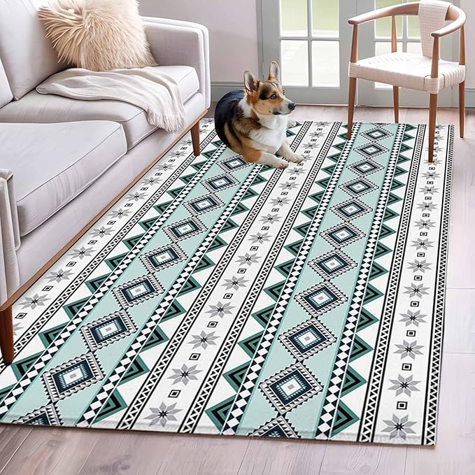 Area Rug 4x6ft, Boho Diamond Pattern Washable Rugs for Living Room Bedroom, Ethnic Style Blue Strips Soft Non-Slip Area Rugs Rectangle Floor Carpet for Dining Room
