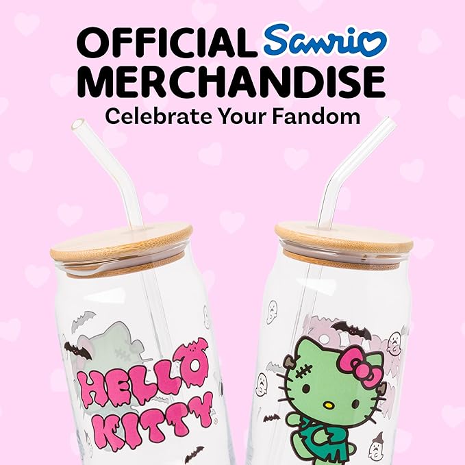 Silver Buffalo Sanrio Hello Kitty Halloween Spooky Frankenstein Glass Jar Tumbler with Bamboo Lid and Glass Straw, 16 ounces