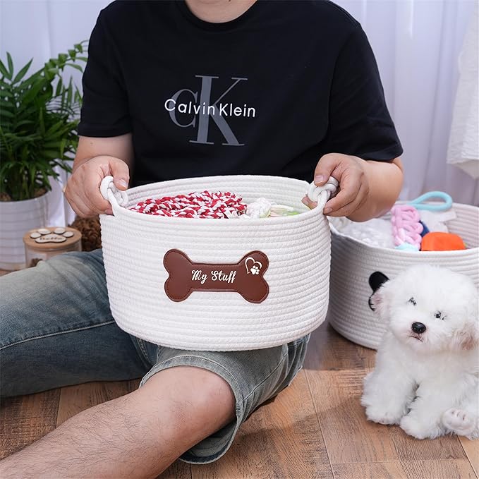 Cotton Pet Storage Basket, 12 x 12 x 7.1 inches, Dog Toy Organizer with Black Leather Bone Design, Dog Toy Storage Organizer, My Stuff Basket Puppy Pet Gift (Pet Dog Basket)