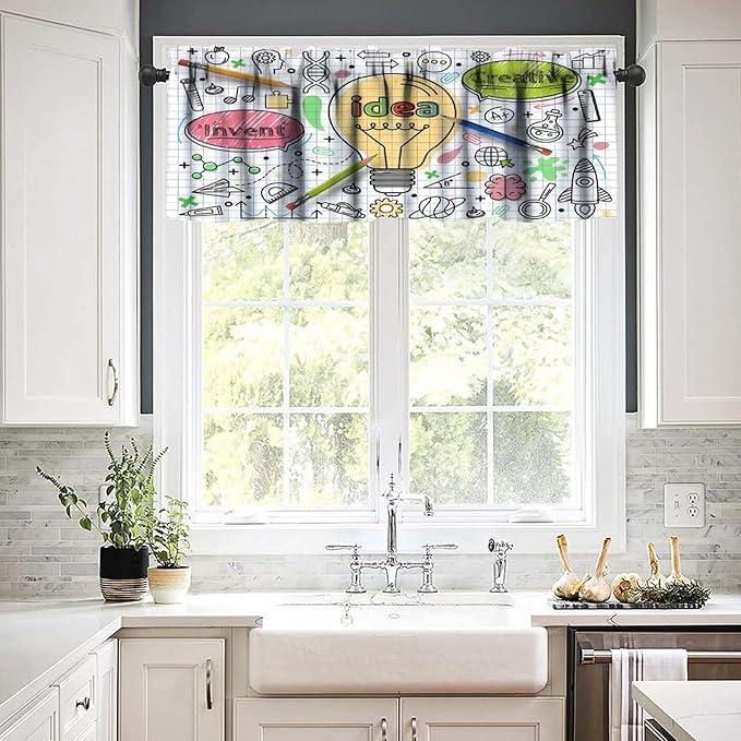 Science Valance Curtain, School Study Creative Idea Innovation Education Short Window Treatment for Kitchen Bathroom Living Room School, 54x18Inch