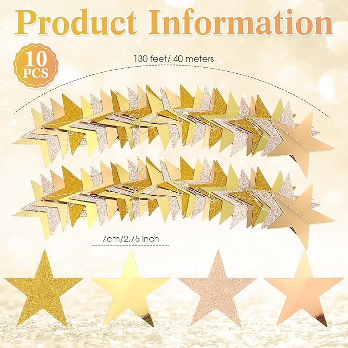 Patelai 130 Feet Glitter Star Garland Banner 2026 Party Decoration Double Side Star Hanging String Streamer Paper Twinkle for Graduation Wedding Birthday (Glitter Gold/Champagne Gold,Gold)