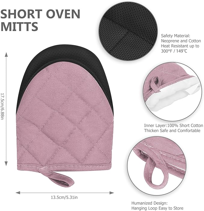 1 Pair Short Oven Mitts - Silicone Kitchen Oven Gloves High Heat Resistant 500℉, Mini Oven Mits with Non-Slip Grip Surfaces and Hanging Loop for BBQ, Baking, Cooking and Grilling (Pink)