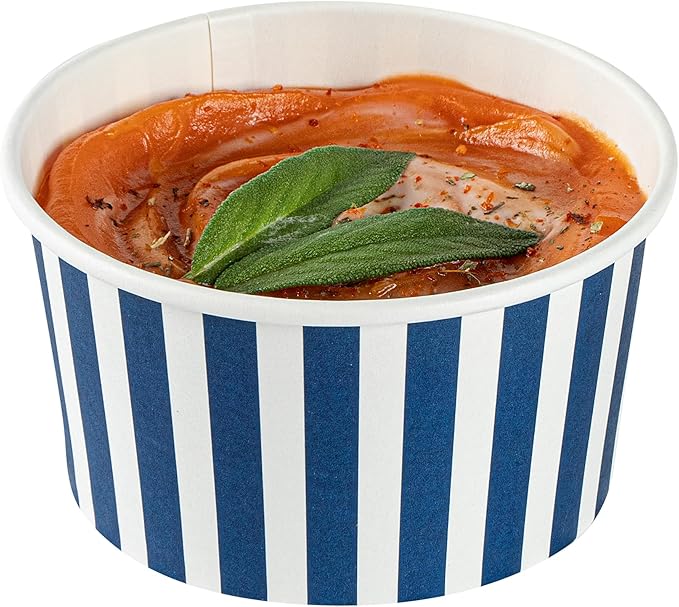 Restaurantware Coppetta 8 Ounce Dessert Cups, 50 Disposable Ice Cream Cups - Lids Sold Separately, Sturdy, Blue And White Paper FroYo Bowls, Striped, For Hot And Cold Foods, Perfect For Gelato