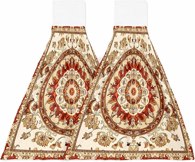 Alandar Home Kitchen Tie Towel Set of 2, Abstract Flower Bohemian Pattern Absorbent Soft Hand Towels for Bathroom Hanging Towels, Blossom Floral Retro Geometric Fast Drying Cleaning Cloth with Loop
