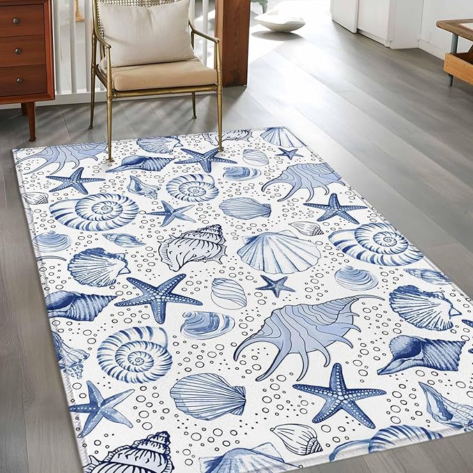 Area Rug 3x5ft, Navy Blue Starfish Conch Shell Seamless Washable Rugs for Living Room Bedroom, Summer Ocean Bubbles Soft Non-Slip Area Rugs Rectangle Floor Carpet for Dining Room