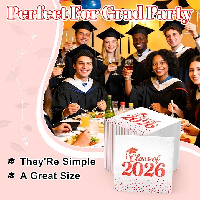 Graduation Napkins - Class of 2026 Napkins Disposable Paper Napkins Congrats Grad Cocktail Napkins Graduation Decorations 2026 Red Napkins Hand Towels for College Graduation Party Decorations 50 Pcs