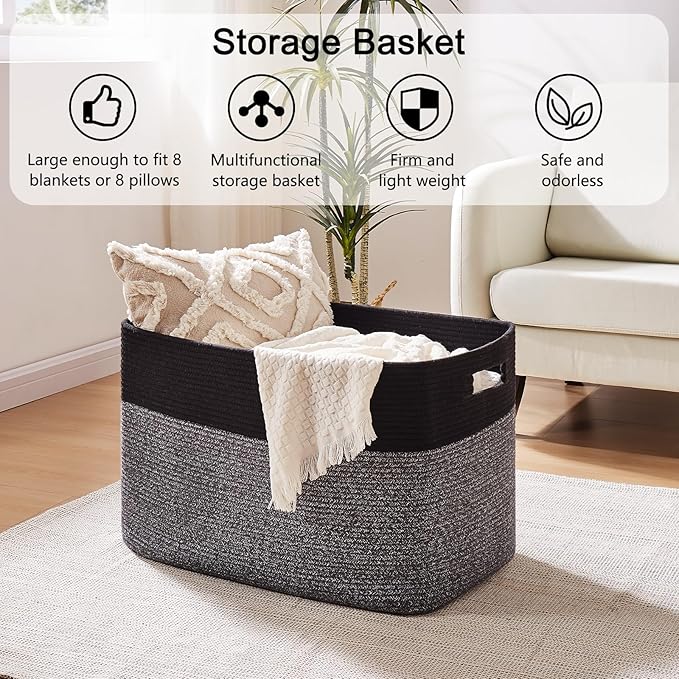 OIAHOMY 108L Extra Large Blanket Basket, 25”x16”x16” Laundry Basket, Blanket Storage for Living Room, Dog Toy Storage with Handle - Grey & Black