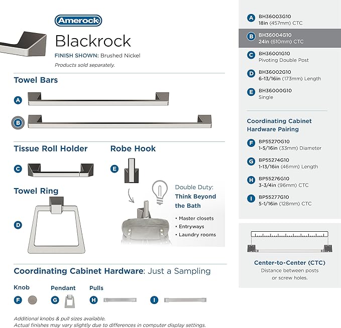 Amerock BH36004G10 | Brushed Nickel Towel Bar | 24 in (610 mm) Towel Rack | Blackrock | Bathroom Towel Holder | Bathroom Hardware | Bath Accessories