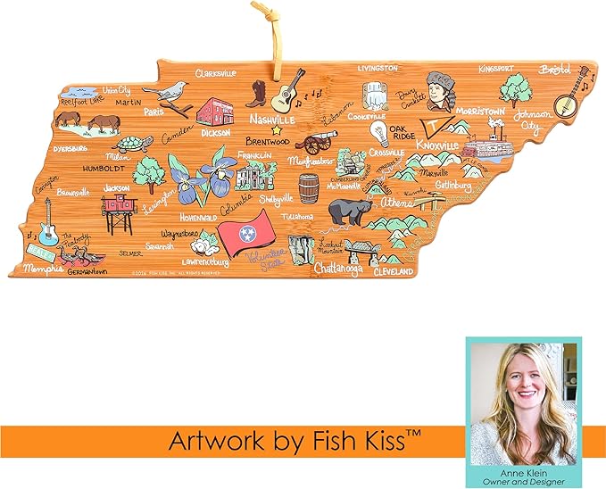 Totally Bamboo Tennessee State Shaped Cutting Board and Charcuterie Serving Platter with Artwork by Fish Kiss, Includes Hang Tie for Wall Display