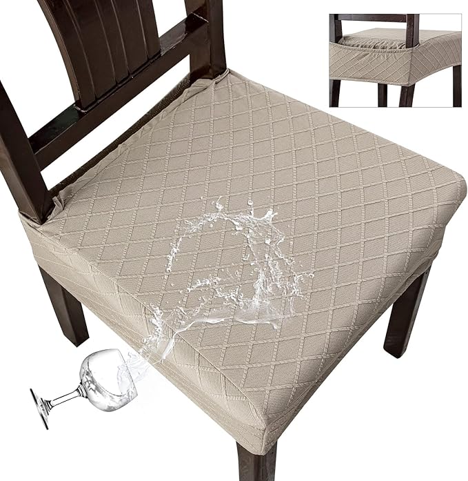 Genina Waterproof Seat Covers for Chairs, Set of 2 Dining Room Chair Seat Covers for Kitchen, Stretch Jacquard Removable Washable Dining Chair Slipcovers Protectors with Rear Covers, Taupe