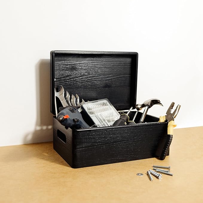 Creative Deco Large Black Wooden Box Storage with Hinged Lid | 11.8x7.87x5.51in (+-0.5) | Keepsake with Handles | Gift Box for Tool Dog Toy Shoes Kitchen Storage | Wood Keepsake Chest Trunk