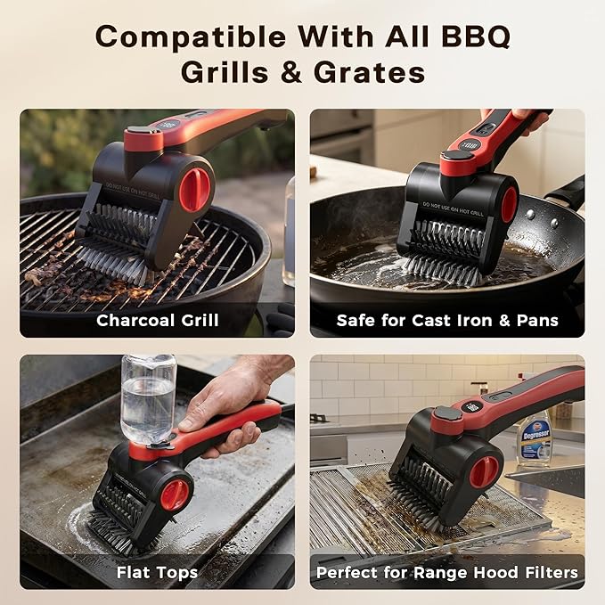 Electric Grill Brush, 100W High Power Cordless BBQ Cleaner with 300ml Water Spray Tank, IPX8 Waterproof Automatic Scrubber for Gas Charcoal Grills, 2-Speed Rechargeable Power Brush with Scraper