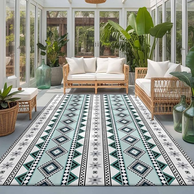 Area Rug 3x5ft, Boho Diamond Pattern Washable Rugs for Living Room Bedroom, Ethnic Style Blue Strips Soft Non-Slip Area Rugs Rectangle Floor Carpet for Dining Room