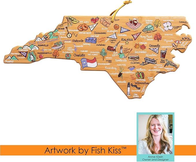 Totally Bamboo North Carolina State Shaped Cutting Board and Charcuterie Serving Platter with Artwork by Fish Kiss, Includes Hang Tie for Wall Display