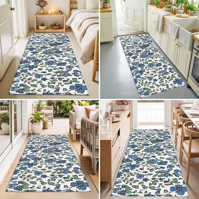 Runner Rug for Bedroom Hallway, Blue Tiny Flowers Green Leaves Kitchen Runner Rugs Area Rug 2x6ft, Farmhouse Botanical Washable Soft Floor Carpet for Entryway Stair