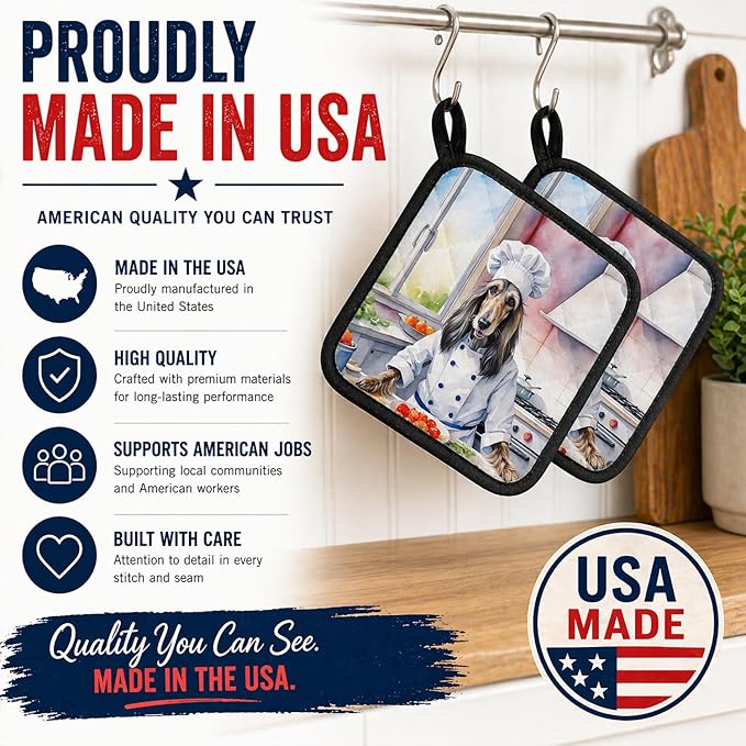 Caroline's Treasures Afghan Hound The Chef Pair of Pot Holders Kitchen Heat Resistant Pot Holders Sets Oven Hot Pads for Cooking Baking BBQ, 7 1/2 x 7 1/2