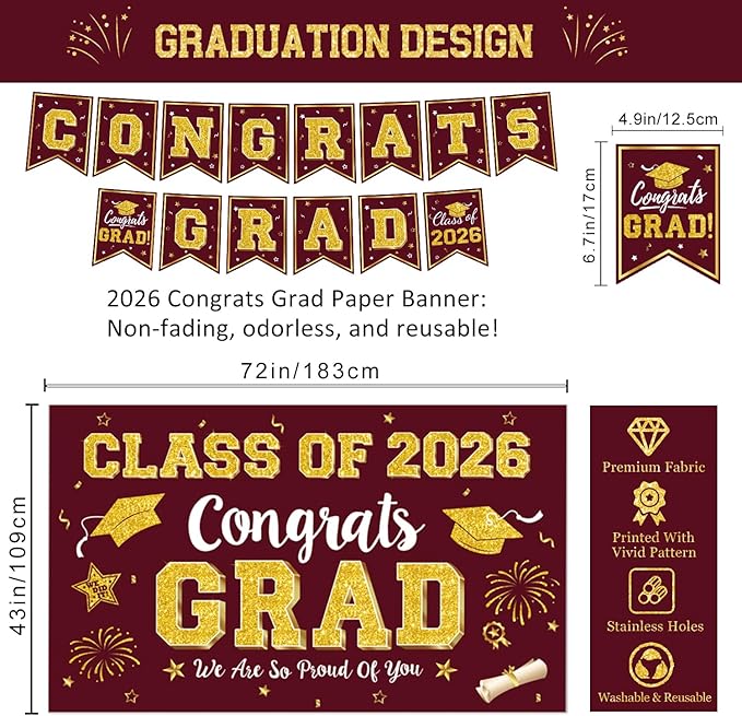Graduation Decorations Class of 2026 - Maroon and Gold Graduation Party Supplies Include Backdrop, Banner, Hanging Swirls, Porch Sign, Balloons for Congrats Grad Decorations