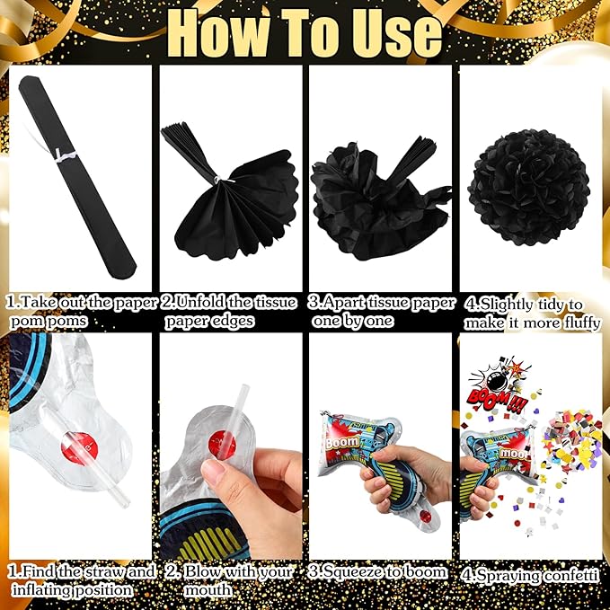 Realspring 106pcs Happy New Year Party Supplies Plastic New Year's Eve Glasses Headbands Blowouts Inflatable Fireworks Gun Balloons Foil Backdrop Hanging Swirls for 2026 Party Decor Photo Prop