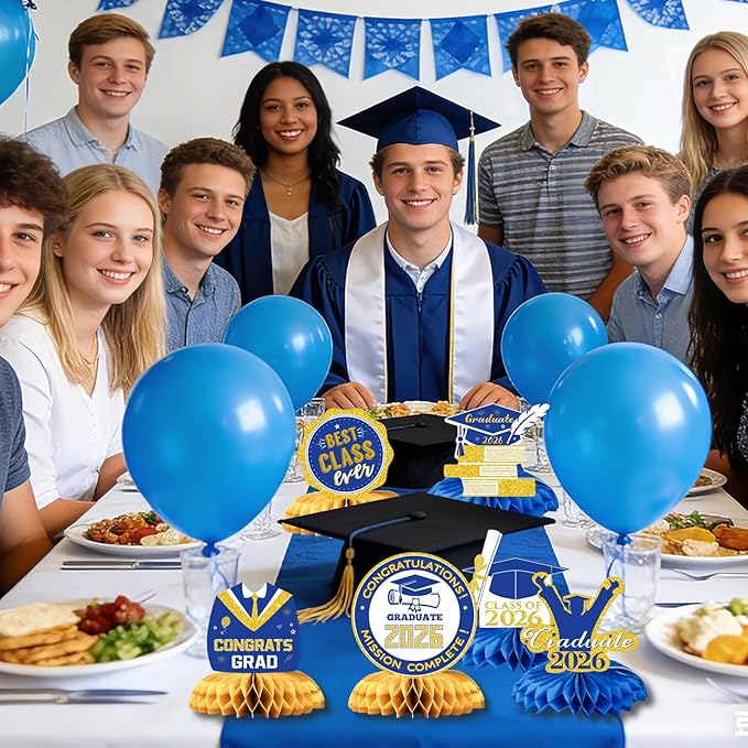 Class of 2026 Graduation Decorations - 9PCS Blue Gold Table Centerpieces, 2026 Congrats Grad Honeycomb Centerpieces Table Decor for Graduation Party Supplies