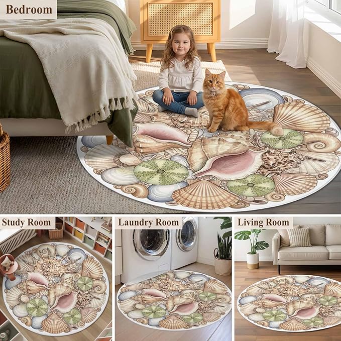 Washable Round Area Rug Coastal Colorful Shell Conch Circle Rugs Floor Carpet for Living Room Bedroom, Modern Abstract Art Soft Non Slip Round Rug 5ft