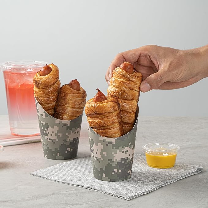 Restaurantware-Bio Tek 12 Ounce French Fry Containers, 100 Disposable Charcuterie Cups - Incline Design, Round, Camouflage Paper French Fry Cups, Stackable, For Waffles, Chips, or Popcorn