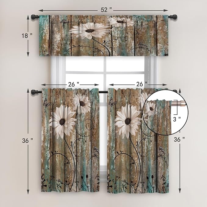 MCALK Floral Blackout Kitchen Curtains Tiers and Valances - 3 Piece Set for Windows, Butterfly Pattern, Farmhouse Wooden Texture Valances for Living Room (36" Tiers Set)