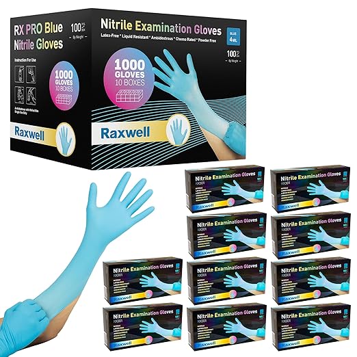 Raxwell Nitrile Exam Gloves - Latex Free Medical Gloves - Powder Free Food Grade & Disposable Protection - Textured Secure Grip Food Prep Glove & Cleaning Use - Medium, Blue, 4 Mil, 1000 Count