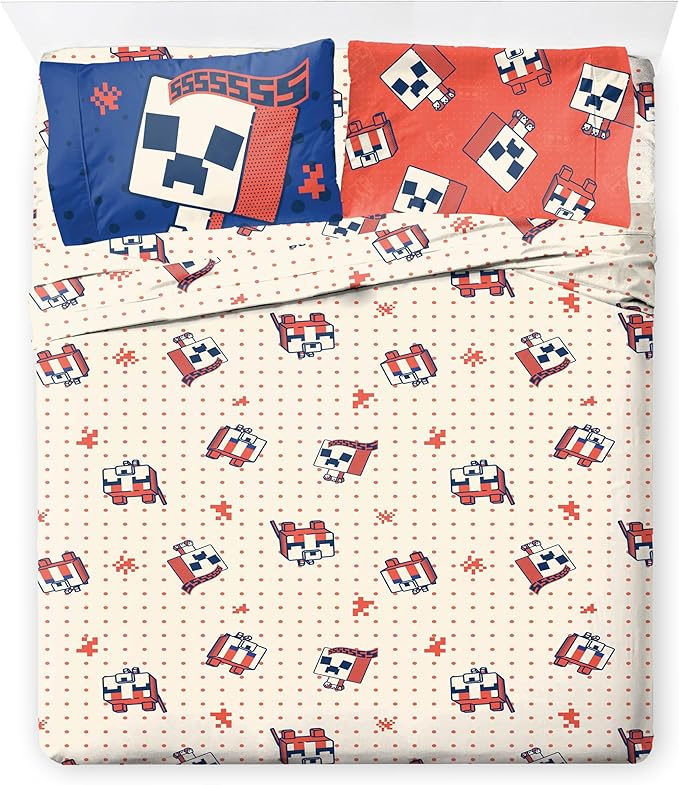 Jay Franco Minecraft Creeper Full Size Comforter Set - 7 Piece Bedding Includes Sheet Set & Pillow Covers - Super Soft Red & Blue Oishi Market Kids Bedding