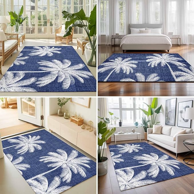 Area Rug 3x5ft, Coastal Palm Trees on Blue Washable Rugs for Living Room Bedroom, Minimalist Tropical Leaves Soft Non-Slip Area Rugs Rectangle Floor Carpet for Dining Room