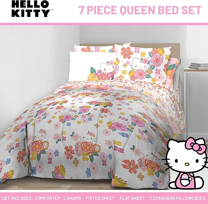Jay Franco Hello Kitty Queen Size Comforter Set - 7 Piece Bedding Includes Sheet Set & Pillow Covers - Super Soft Floral Bedding