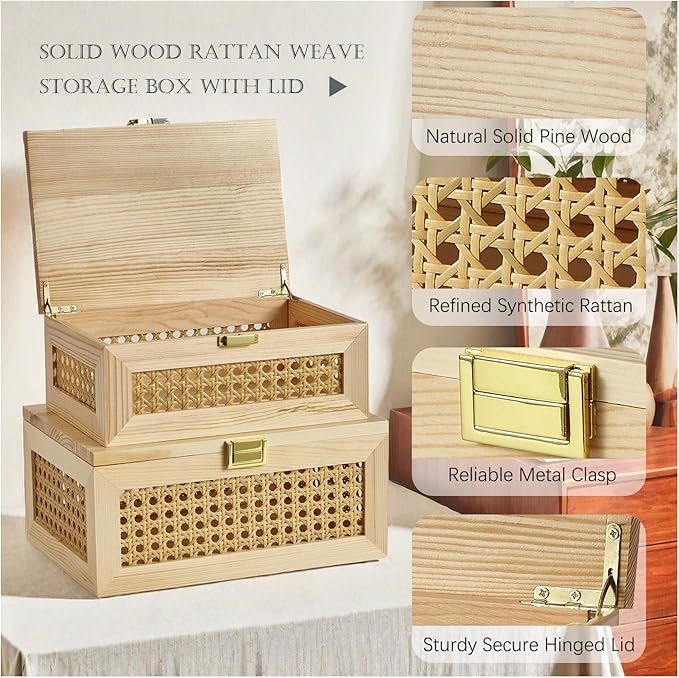 Decorative Rattan Storage Boxes Solid Wood Woven Baskets Bins with Lid Keepsake Memory Jewelry Box Natural Boho Shelf Wicker Closet Desk Organizer Container (Light Wood, Small Size)