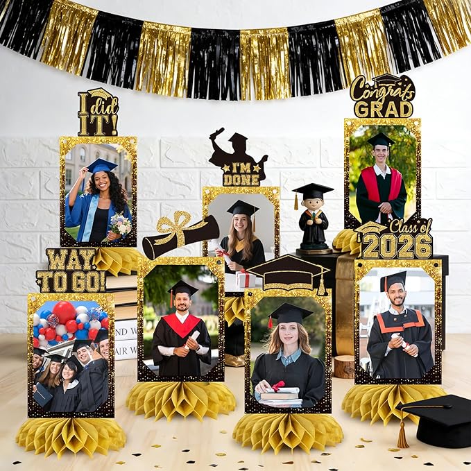 9 PCS Graduation Party Decorations Class of 2026 Honeycomb Centerpieces, Honeycomb Centerpieces for Graduation Photo Toppers Table Decorations. (Grad.Gold)
