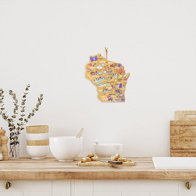 Totally Bamboo Wisconsin State Shaped Cutting Board and Charcuterie Serving Platter with Artwork by Fish Kiss, Includes Hang Tie for Wall Display