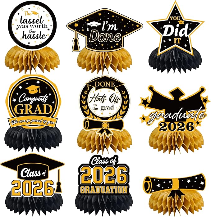 Graduation Decorations 2026 - Black Gold Graduation Honeycomb for Table Centerpiece | Graduation Party Decorations Class of 2026,Table Toppers for Graduation Party Favors Supplies Indoor Outdoor