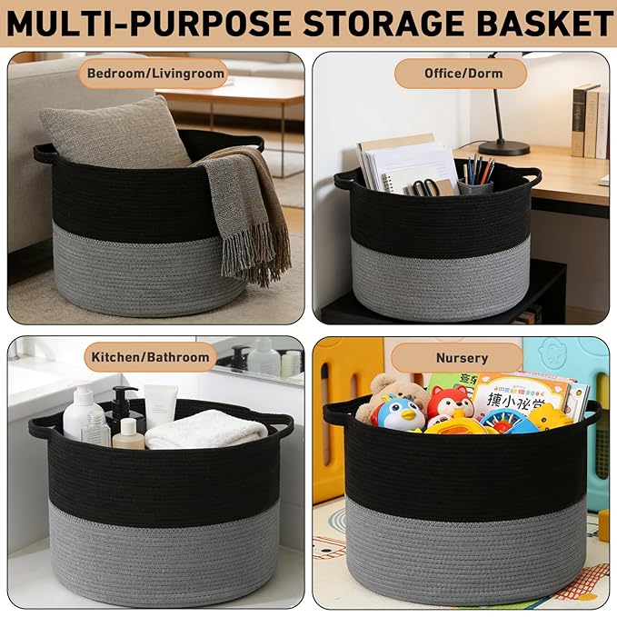 115L Large Blanket Basket,Woven Rope Laundry Basket Hamper with Handles, Decorative Nursery Basket Storage Bin for Toys, Clothes Organizer, Living Room, Bedroom, Bathroom, Black&Dark Grey