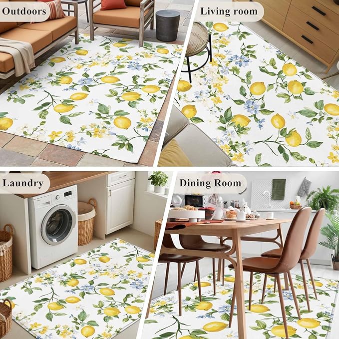 Area Rug 4x6ft, Summer Watercolor Lemon Flower Washable Rugs for Living Room Bedroom, Spring Farm Fruit Green Leaf Soft Non-Slip Area Rugs Rectangle Floor Carpet for Dining Room
