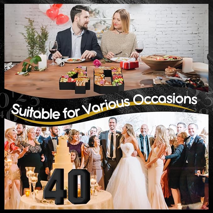 40 Cardboard Numbers for Charcuterie Numbers Fillable 13.8'' Black Paper Mache Number Shaped Cupcake Pans Board Box Trays Container for Food Candy 40th Birthday Party Decorations Anniversary