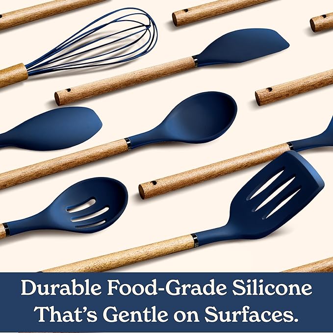 Country Kitchen Non Stick Silicone Utensil Set with Rounded Wood Handles for Cooking and Baking, 8 Piece Set, Navy